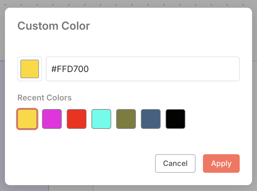 Custom color picker modal with hex input and recent colors